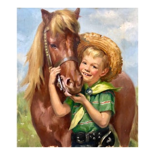 Ariane Beigneux, Original Vintage Illustration Boy With Horse Oil Painting Americana For Sale
