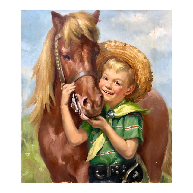 Ariane Beigneux, Original Vintage Illustration Boy With Horse Oil Painting Americana For Sale