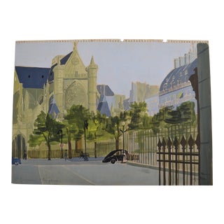 French School of the 20th Century "Paris - View of St Germain L'Auxerrois" Gouache Monogrammed, Dated 1958 For Sale