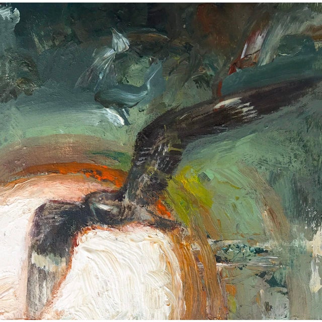 The artwork depicts a nightjar in mid-flight, its wings outstretched against a dynamic, swirling background of deep greens...