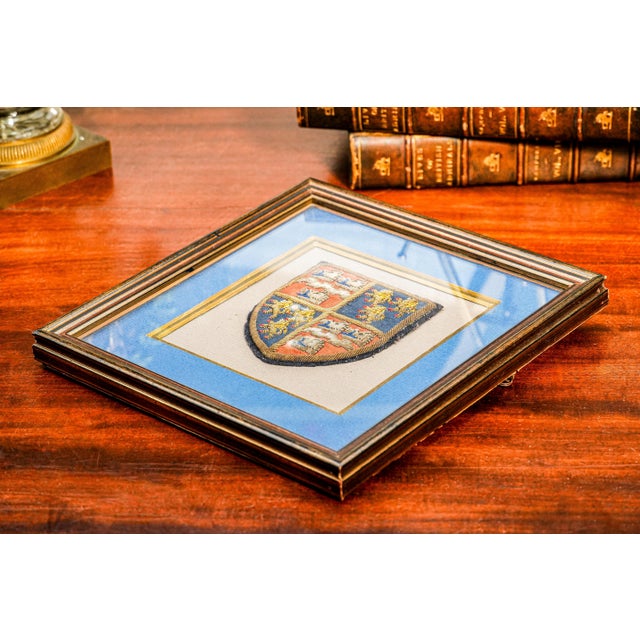 Preppy Antique English School Framed Crest Patch Armorial Coat of Arms Home Wall Decor For Sale - Image 10 of 11