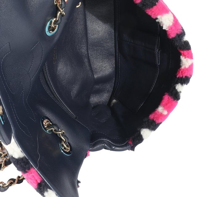 Pink Fuchsia Navy White Shearling Lambskin Emoticon Single Flap Bag For Sale - Image 8 of 8