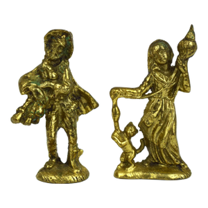 Antique Finished Brass Bagpipe Player and Maiden With Distaff and Cat Figurines - Set of 2