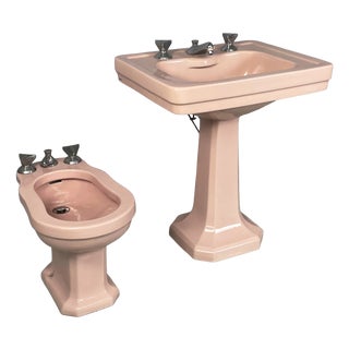 Italian Art Deco Pink Ceramic Bidet and Sink, 1920s, Set of 2 For Sale