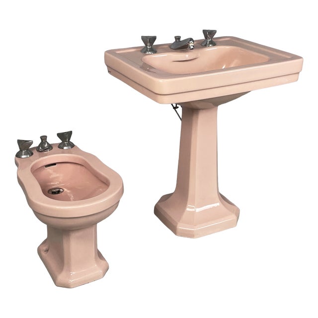 Italian Art Deco Pink Ceramic Bidet and Sink, 1920s, Set of 2 For Sale