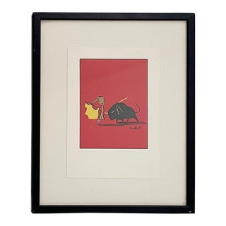Vintage Bull and Matador Framed Art Print, Spanish, 1950s For Sale
