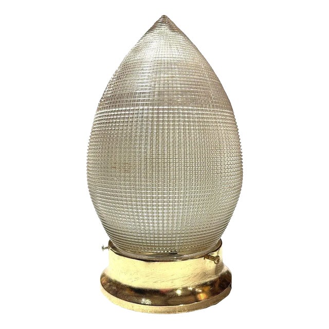 MCM Holophane Teardrop Glass Ceiling Pendant W/ Light Brass Fitter For Sale