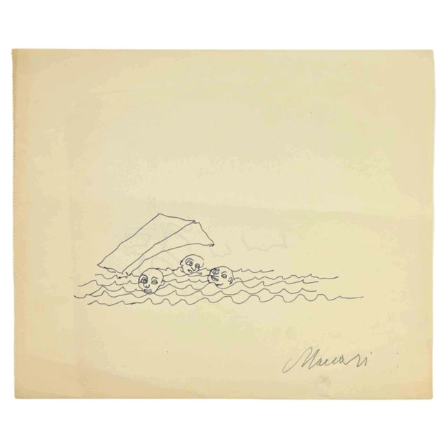 Mino Maccari, Swimmers, Ink Drawing, 1950s For Sale