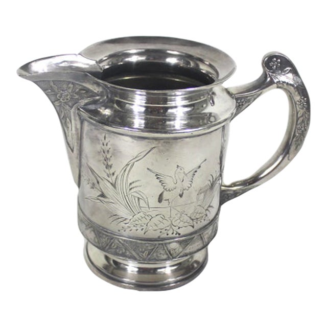 Antique Quadruple Silver Plate Pitcher Creamer Vase Hartford Etched Bird For Sale