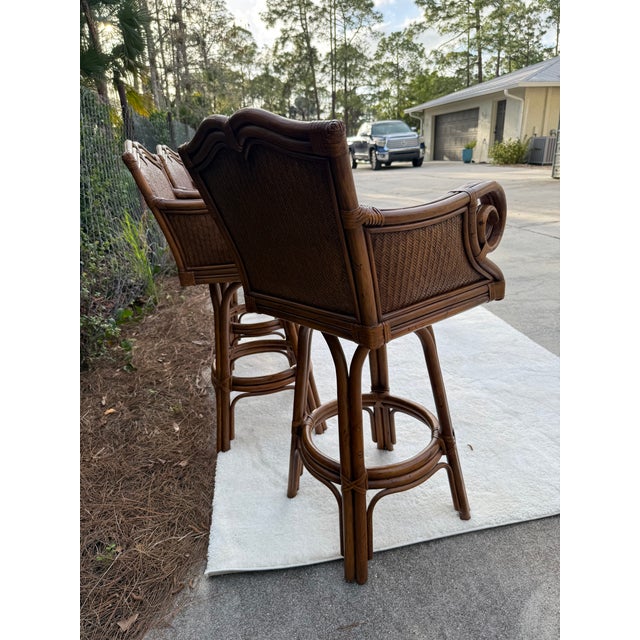 Wood Set of 4 Vintage 30" Tommy Bahama Style Swivel Barstools For Sale - Image 7 of 17
