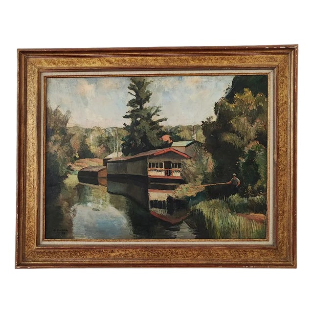 Georges Darel, Pêcheur au bord de l'Arve, Oil on Canvas, Framed For Sale