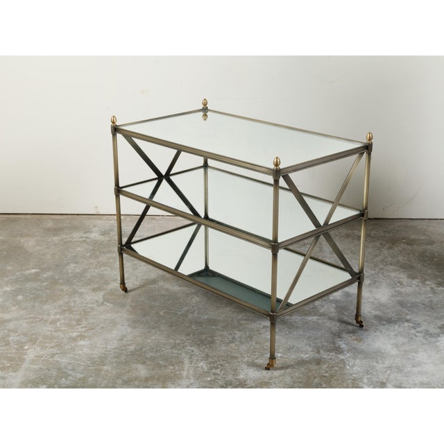 Italian Midcentury Patinated Metal Trolley with Mirrored Shelves and Casters For Sale In Atlanta - Image 6 of 10