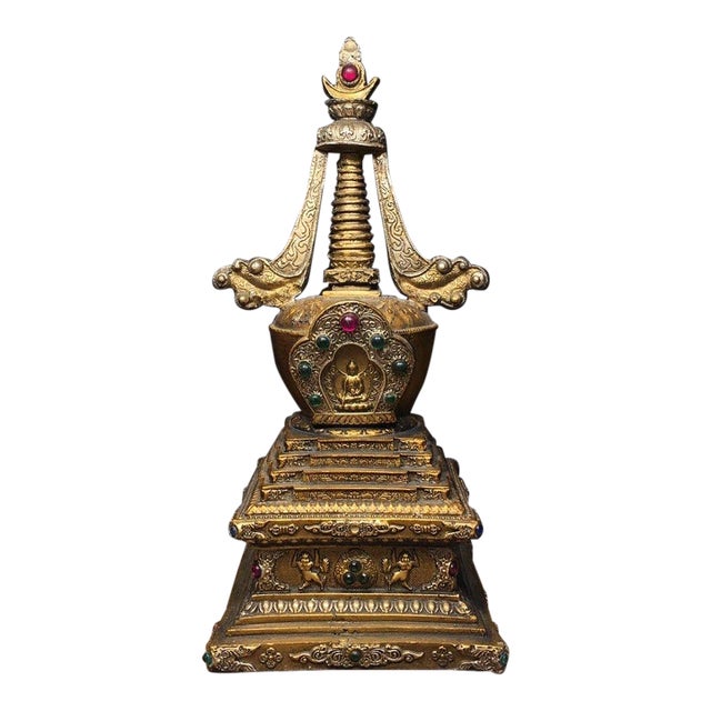 Vintage Tibetan Gilt Bronze Stupa - Buddhist Reliquary Pagoda With Gemstone Inlay For Sale