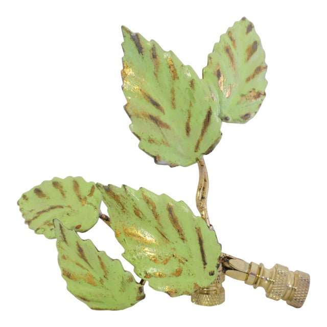Vintage Tole Leaf Lamp Finials, Pale Green & Patina Gold Italian , Pair For Sale