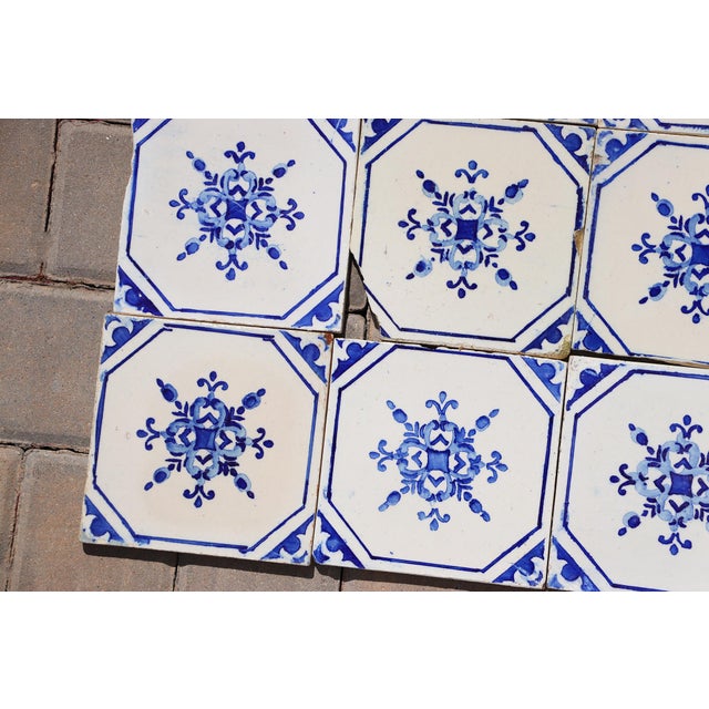 Antique 1920s Portuguese Ceramic Tiles With Stylized Art Deco Rosette Motif Set of 14 For Sale - Image 15 of 18
