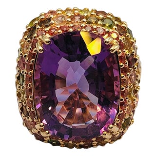 Bochic "Orient" Vintage Diamond, Amethyst & Sapphire Ring Set In 18K Gold & Silver For Sale
