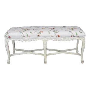 Crewel Work Upholstered Creme Paint Decorated French Louis XV 6 Leg Window Bench