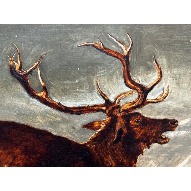 Wood 19th Century Oil Painting Winter Monarch of Glen Stag Deer Starlit Sky Highlands Loch Fyne For Sale - Image 7 of 12