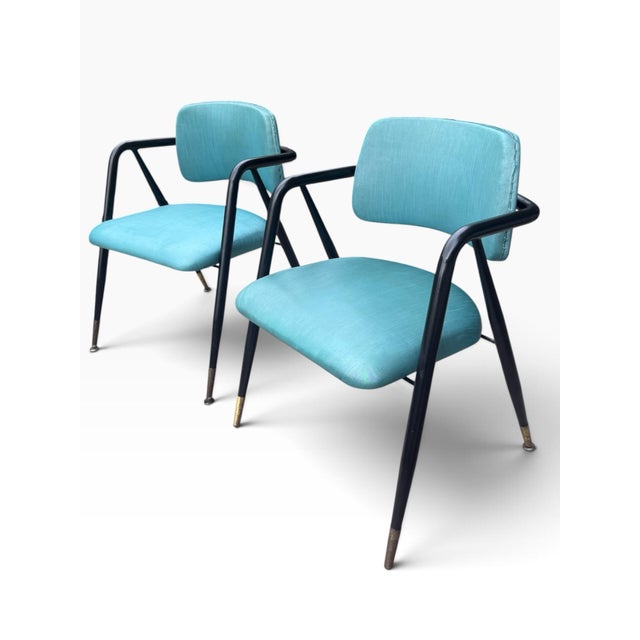 Mid-Century Modern Vintage MCM Pivot Back Armchairs in Turquoise, Black Steel & Brass - Pair For Sale - Image 3 of 8