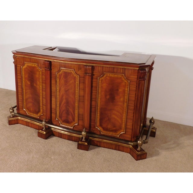 English Massive Vintage Maitland Smith Inlaid & Figured Mahogany & Marble Top Bar For Sale - Image 3 of 12