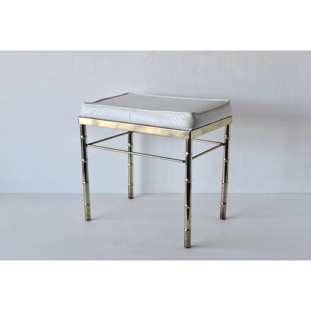 Metal George Koch Style Faux Bamboo Brass Rectangular Padded White Vinyl Seat Vanity Stool Bench Vintage Hollywood Regency For Sale - Image 7 of 17