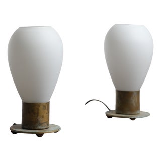 Italian Brass and Opaline Glass Bedside Table Lamps, 1950s, Set of 2 For Sale
