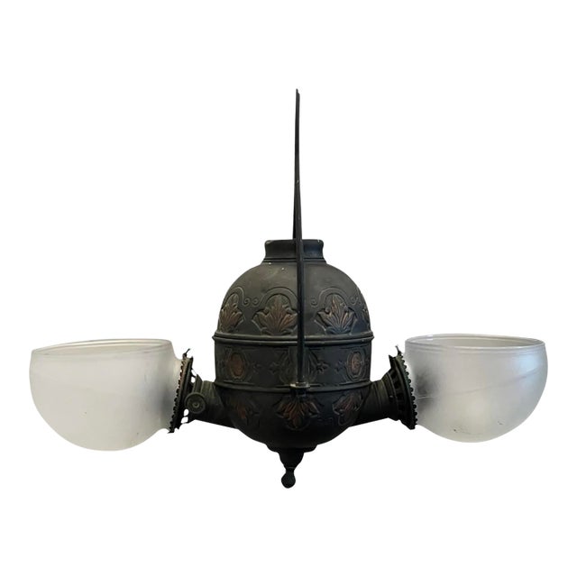 Late 19th-Early 20th C. Victorian Double Arm "The Angle Lamp Co. Ny" Ceiling Fixture Patinated & Copper Finished Surface For Sale