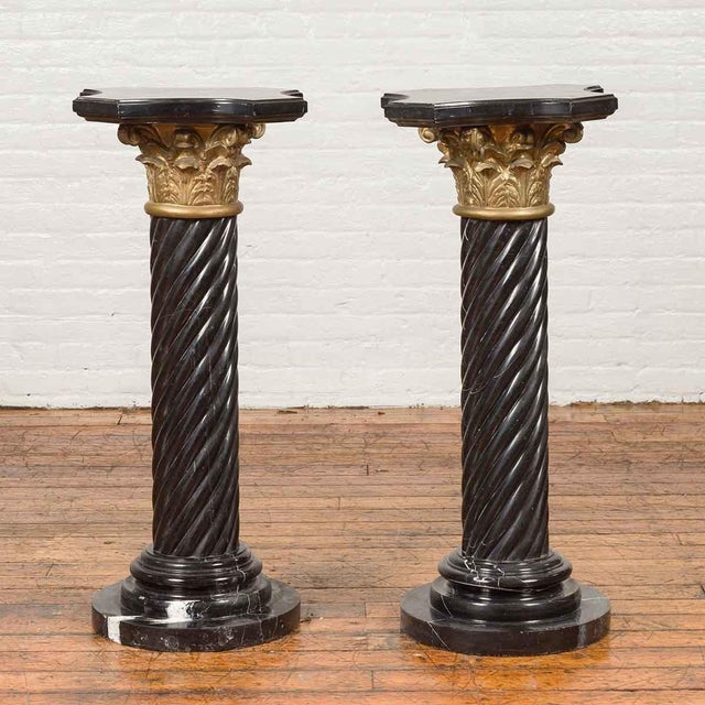 Pair of Black Carrara Marble Twisted Pedestals with Bronze Corinthian Capitals For Sale - Image 15 of 15
