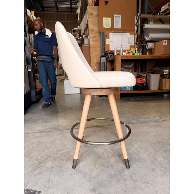 Contemporary Interlude Home Cream Leather Swivel Counter Stool With Light Wood Legs For Sale - Image 3 of 6