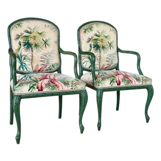 Vintage Sculptural Faux Bois Armchairs in the Manner of Serge Roche, Pierre Frey Upholstery For Sale