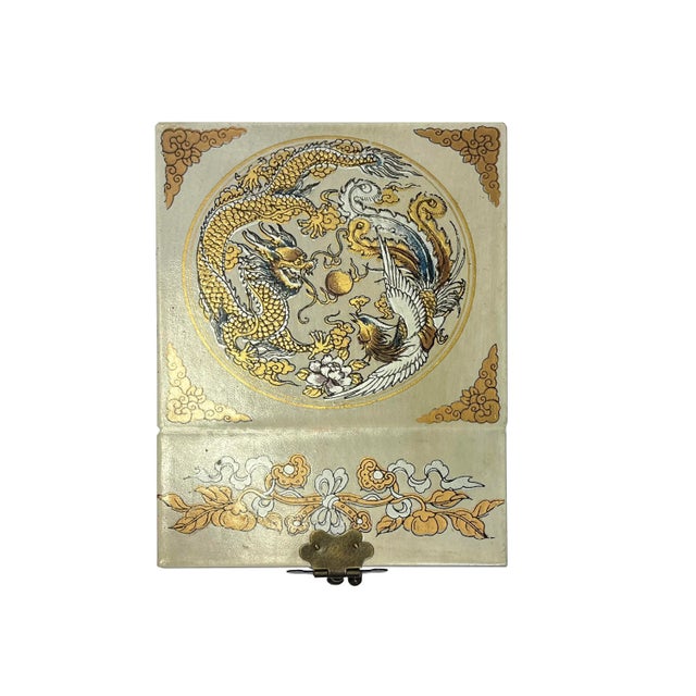 Small Chinese Oriental Off White Dragon Phoenix Mirror Jewelry Box For Sale - Image 4 of 5