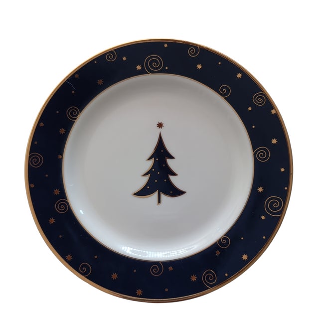 VTG 2000 Sakura Star Light Set of 4 Christmas Salad/Dessert Plates Porcelain Blue Gold Celestial Very good preowned...