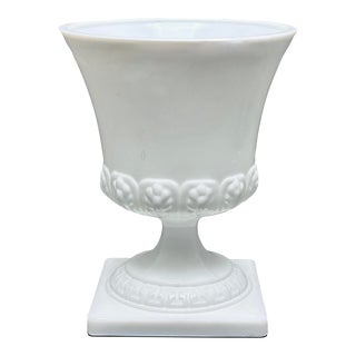 Vintage E. O. Brody Milk Glass Pedestal Urn Vase/Planter Pot Embossed With Florals and Greek Key Detail For Sale