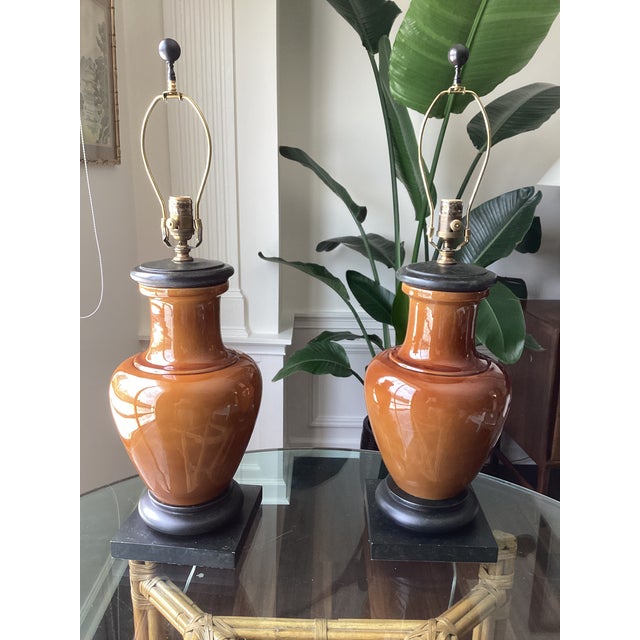 Late 20th Century Visual Comfort Caramel Glazed Ceramic Table Lamps – Pair on Black Wood Bases For Sale - Image 10 of 10