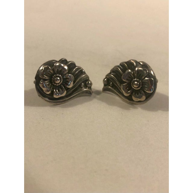 1940s Sterling Repoussé Flower and Leaf Earrings, A Pair For Sale - Image 4 of 6
