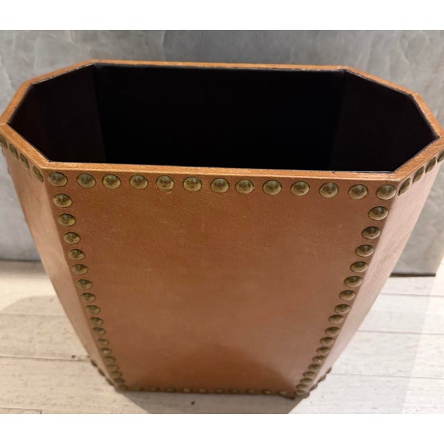 Gorgeous natural leather handcrafted in Italy, vintage paper waste basket with brass studs details.