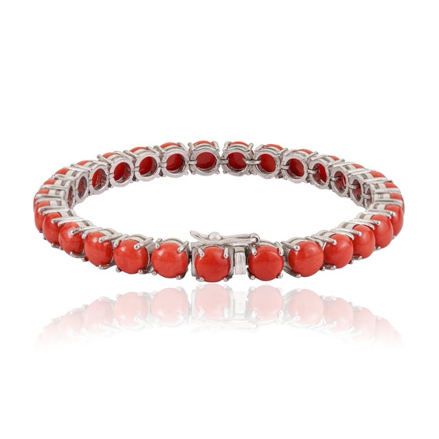 Contemporary Carat&Her Vibrant 25.7 Ct Round Scarlet Coral Tennis Bracelet in 925 Sterling Silver For Sale - Image 3 of 13
