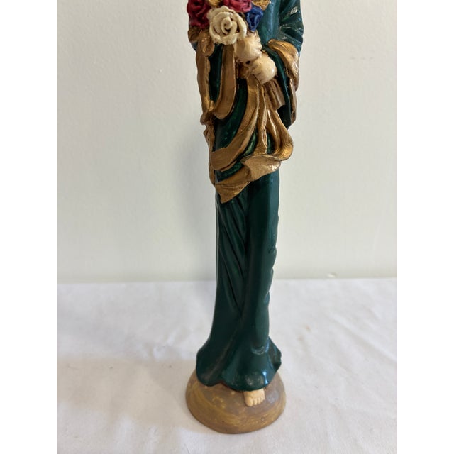 Vintage Carved Angel Figurine With Gold Feathered Wings and Painted Floral Bouquet For Sale - Image 4 of 12