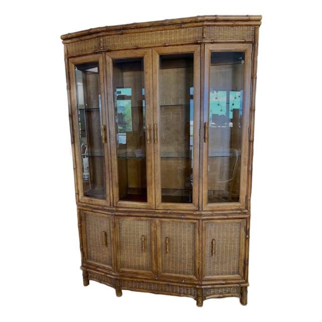 1970s American of Martinsville Faux Bamboo & Rattan China Cabinet - Vintage Hollywood Regency Hutch For Sale