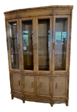 1970s American of Martinsville Faux Bamboo & Rattan China Cabinet - Vintage Hollywood Regency Hutch