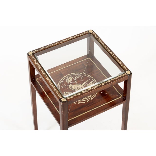 Antique French Art Nouveau Handpainted Mahogany Small Wood & Glass Side Table For Sale In Detroit - Image 6 of 11