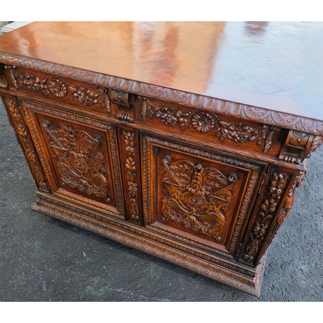Late 19th Century Antique Circa 1880 French Renaissance Revival Partner's Desk, Fully Carved on All Sides With Parquetry Top For Sale - Image 5 of 18