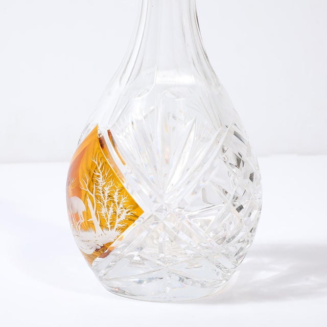 Mid-Century Modernist Cut Crystal Decanter W/ Engraved Naturalist Scene in Amber For Sale In New York - Image 6 of 18