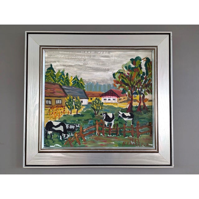 GRAZING COWS Oil on board Size: 19.3 x 21.1 inches (including frame) An expressive and charming landscape painting,...