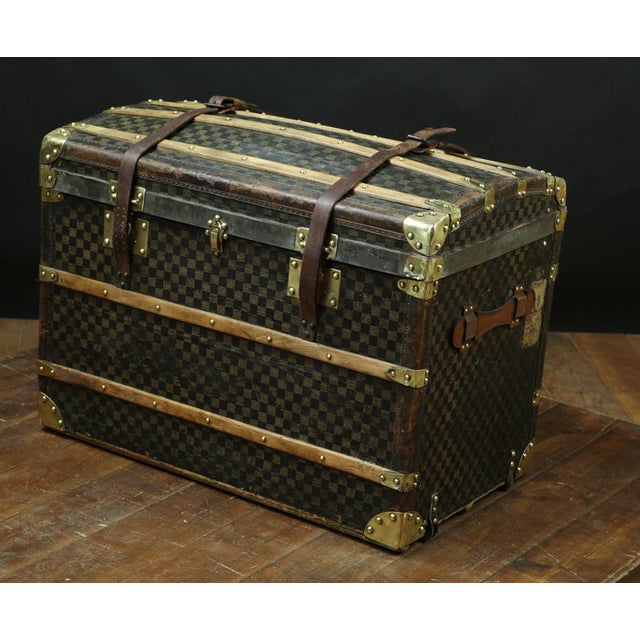Wood Damier Domed Trunk with Leather Straps, 1920s For Sale - Image 7 of 9