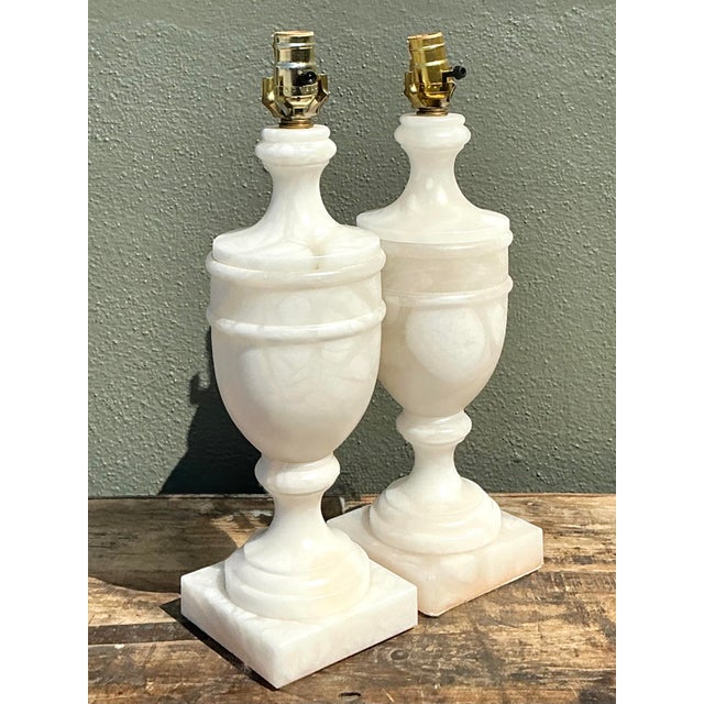 Metal Vintage Carved Alabaster Lamps - A Pair For Sale - Image 7 of 12