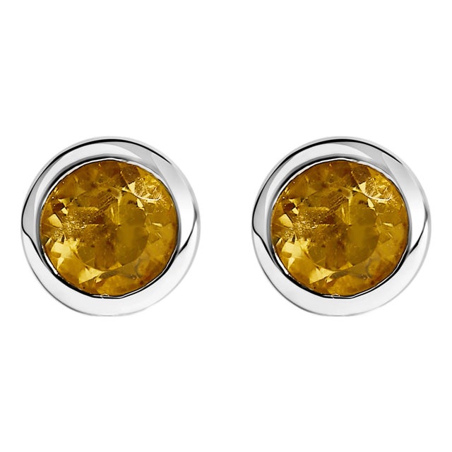 .925 Sterling Silver 6MM Bezel Set Created Yellow Citrine Solitaire Stud Earrings, A Pair For Sale