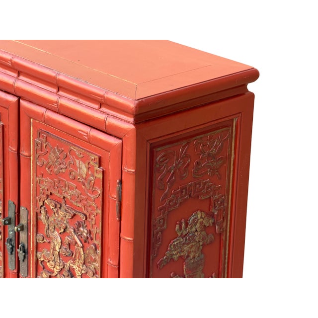 Oriental Red Matte Golden Relief Carving Small Cabinet Chest For Sale - Image 11 of 13