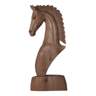 1970s Handcrafted Wooden Horse Head Statue for Shelf Decor | 16" Rustic Equestrian Sculpture | Gift for Horse Lovers | Western Mancave Art For Sale