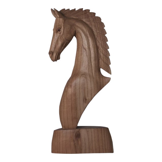 1970s Handcrafted Wooden Horse Head Statue for Shelf Decor | 16" Rustic Equestrian Sculpture | Gift for Horse Lovers | Western Mancave Art For Sale